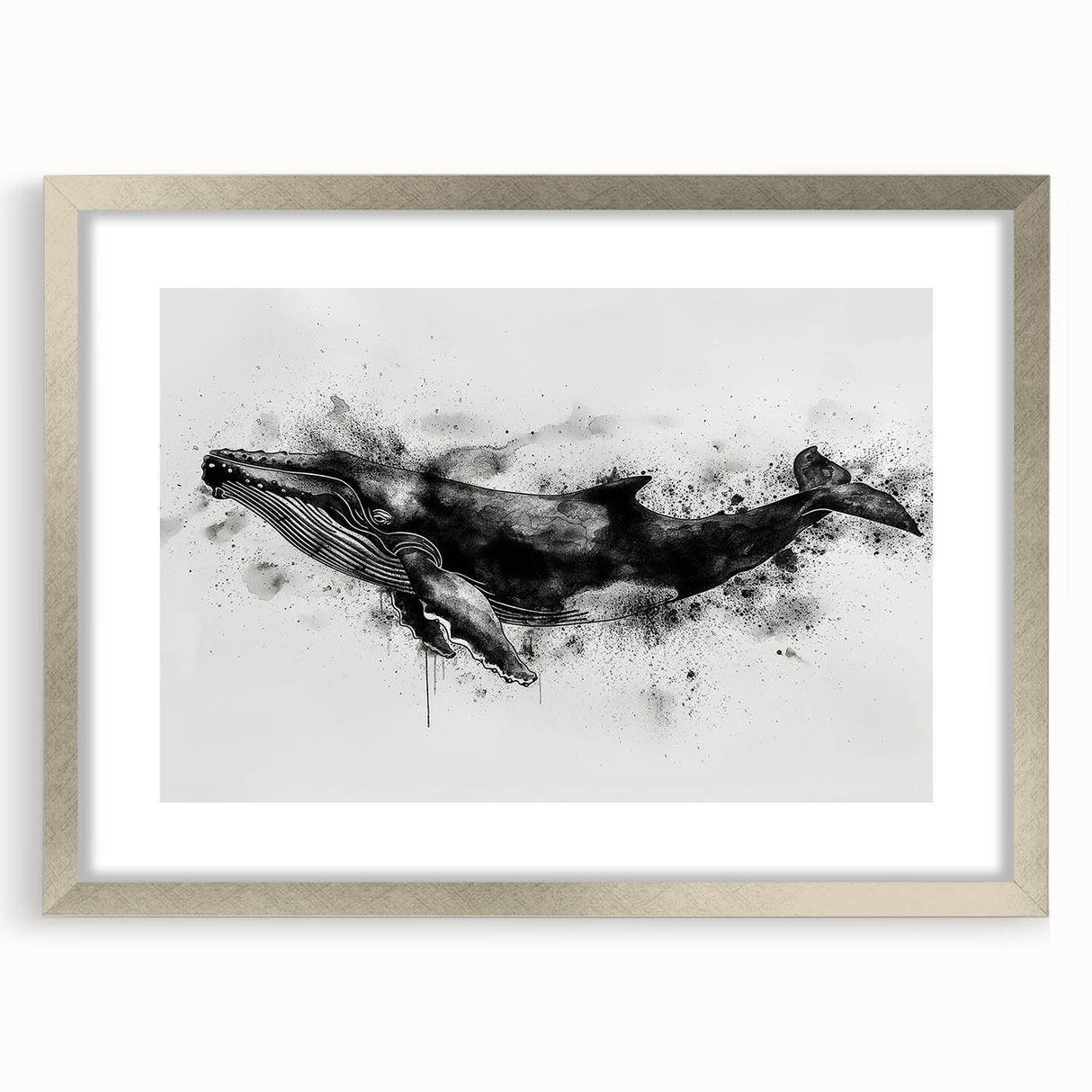 Framed wall art featuring a detailed marine life whale design, set in a sleek silver frame with a white mat, perfect for ocean-themed decor.