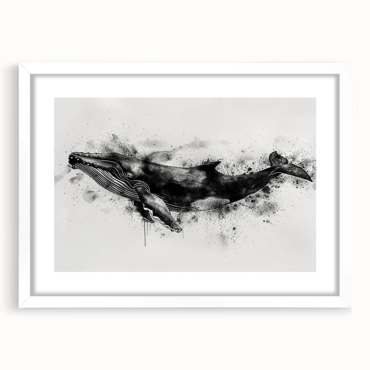 Framed wall art featuring a detailed whale design in a marine life theme, presented with a white mat and sleek frame, perfect for ocean-inspired decor.