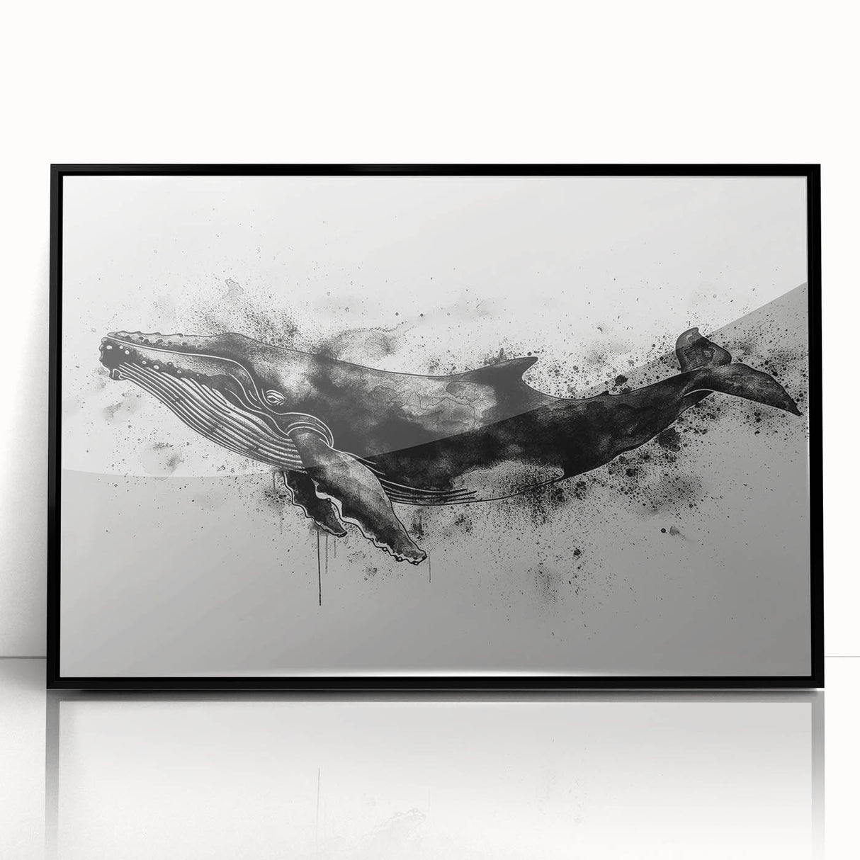 Framed acrylic wall art showcasing a detailed marine life design featuring a majestic whale, set against a sleek black frame, ideal for ocean-themed home decor.