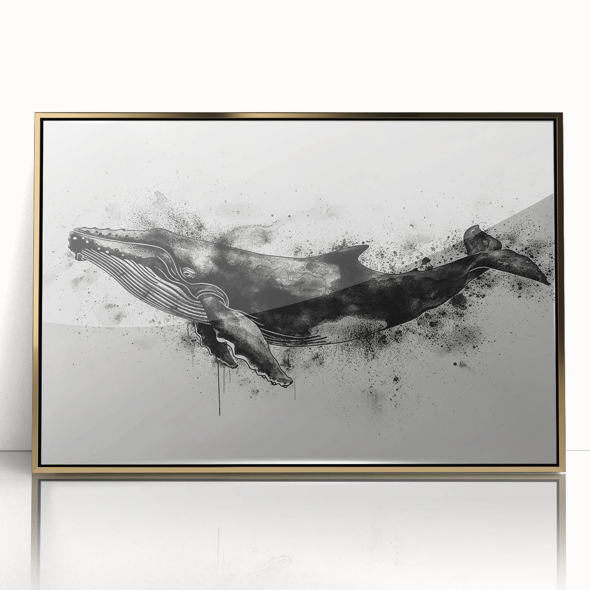 Framed acrylic wall art showcasing a stunning marine life design featuring a whale, accented with gold trim, ideal for ocean-themed decor and wildlife enthusiasts.