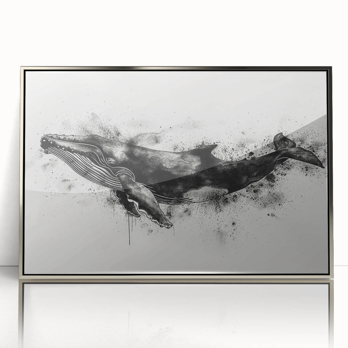 Framed wall art featuring a silver-accented design of a majestic whale, showcasing intricate marine life details on a sleek acrylic surface, perfect for ocean-themed decor.