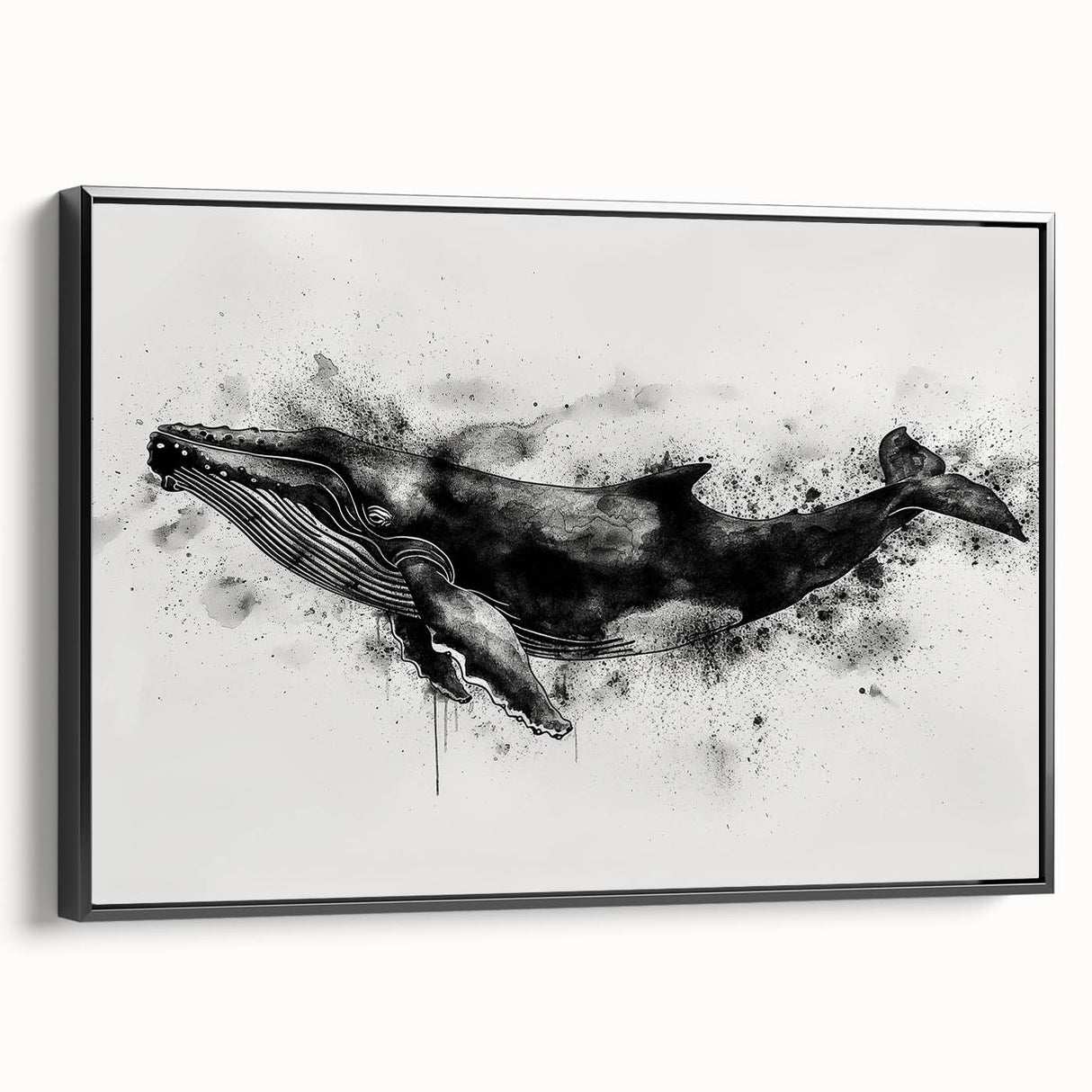 Framed wall art featuring a striking design of a whale in a marine life theme, with a black frame and vibrant colors, perfect for ocean lovers and home decor.