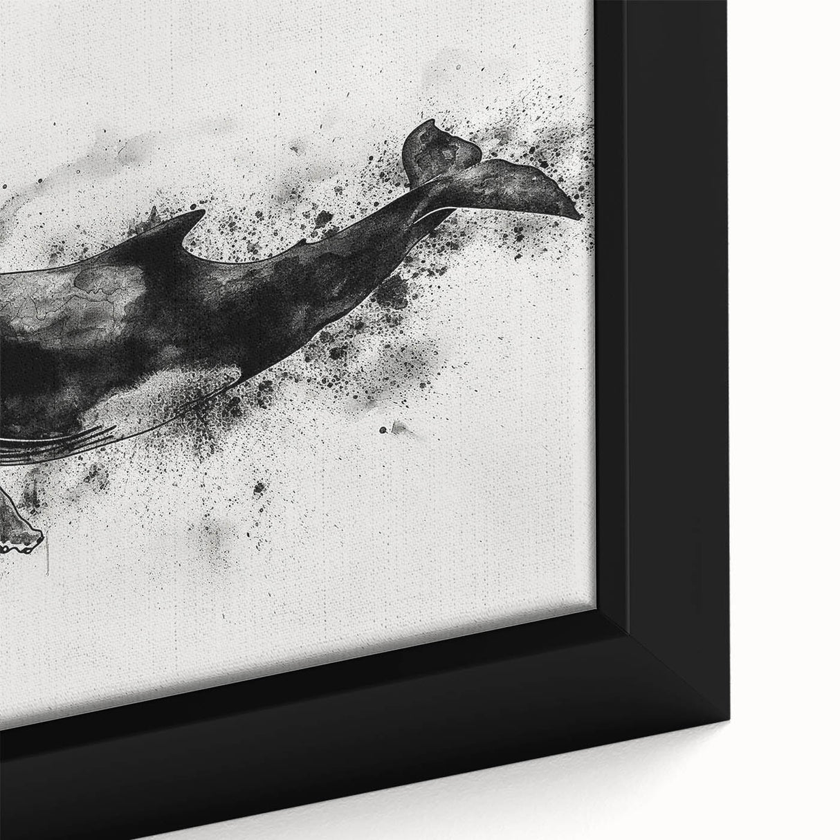 Close-up of a framed canvas wall art piece showcasing a vibrant marine life design featuring a detailed whale illustration, ideal for ocean-themed decor.