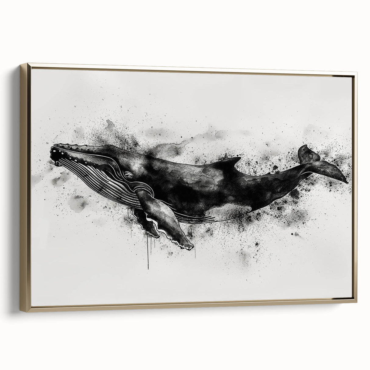 Framed canvas wall art featuring a detailed gold whale design, showcasing intricate marine life elements against a vibrant blue background, ideal for ocean-themed decor.