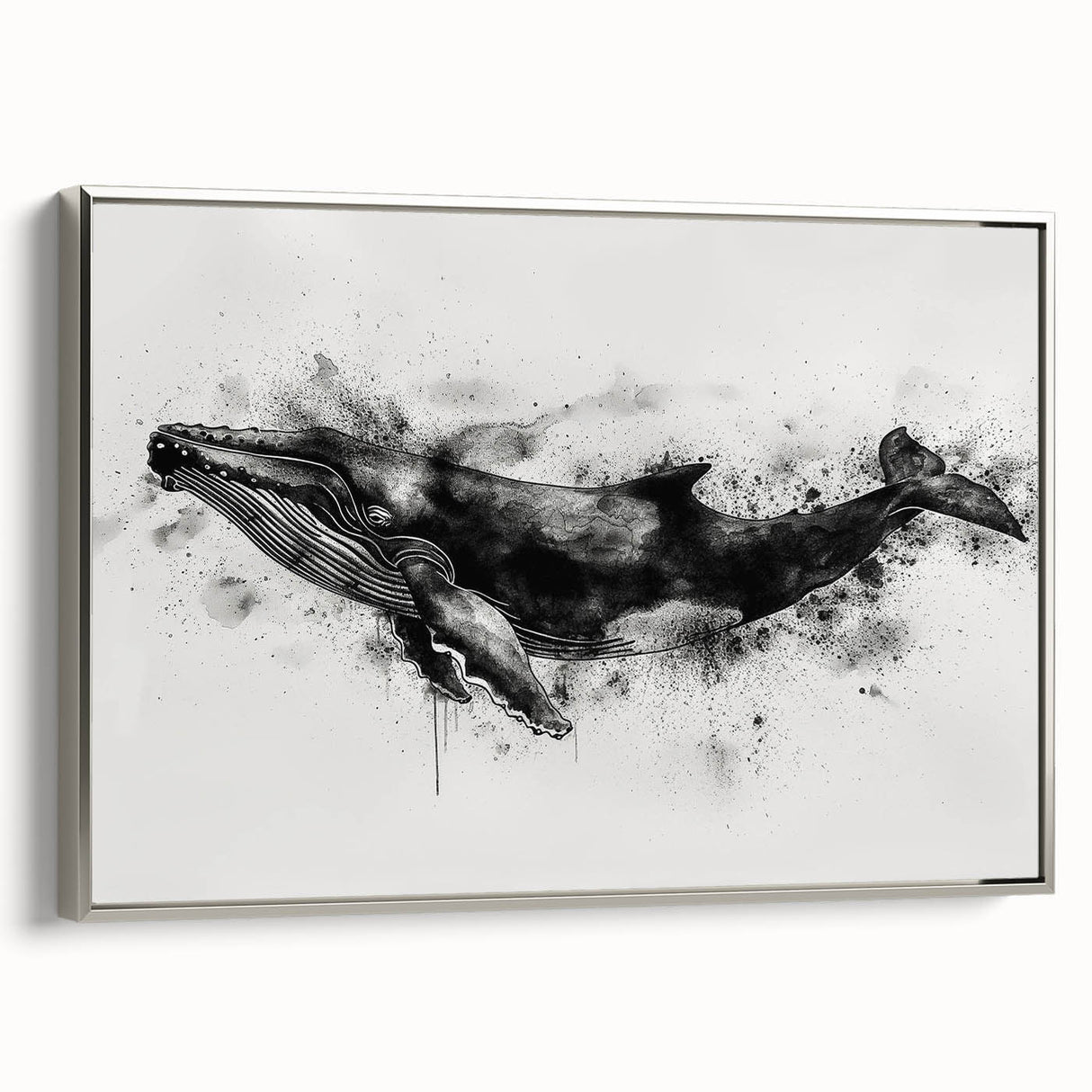 Framed wall art featuring a sleek silver design of a whale in a tranquil marine setting, emphasizing ocean life and contemporary decor. Perfect for nature enthusiasts and modern interiors.
