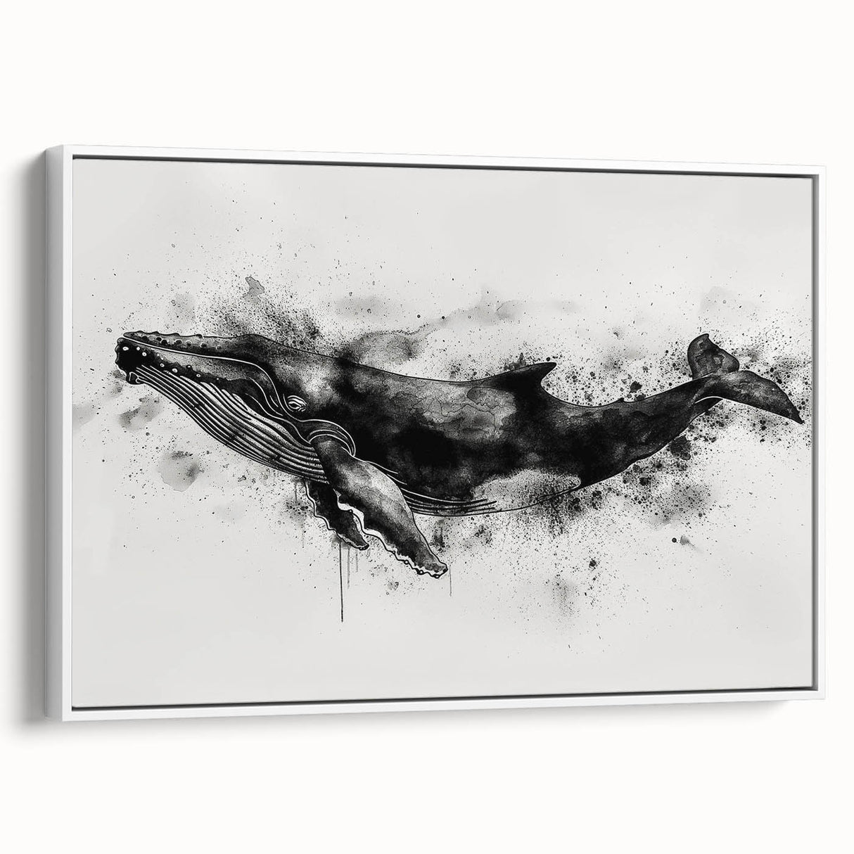 Framed canvas wall art featuring a striking whale design, showcasing intricate marine life details in vibrant colors against a white background, perfect for ocean-themed decor.