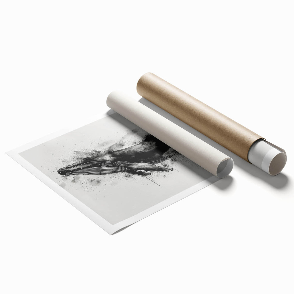 Whale-themed wall art print showcasing vibrant marine life design, featuring shades of blue and green, rolled and ready for framing or display in coastal decor.