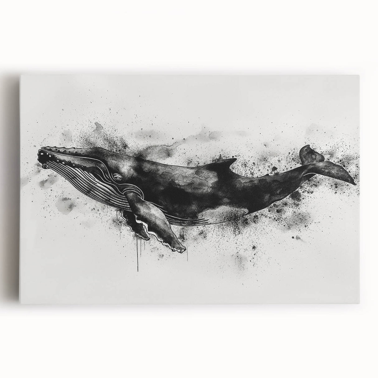 Vibrant whale design stretched canvas wall art showcasing intricate marine life details, perfect for ocean-themed decor in living spaces or offices.