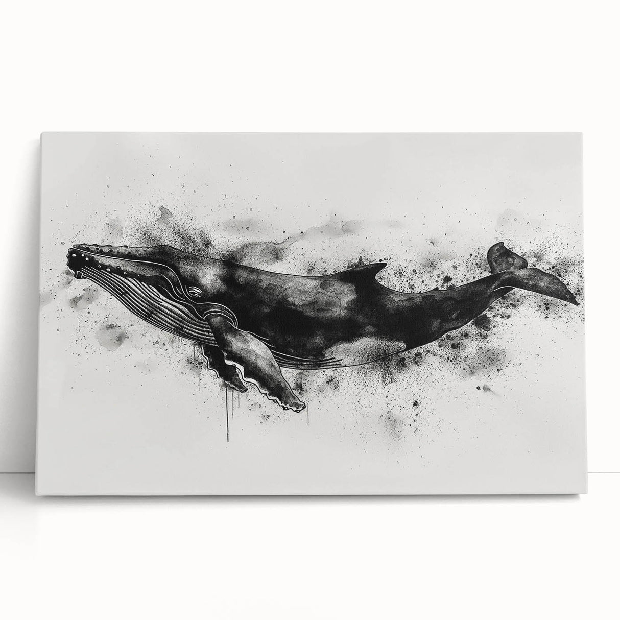 Stretched canvas wall art featuring a vibrant whale design, showcasing detailed marine life in rich blues and greens, perfect for ocean-themed decor.