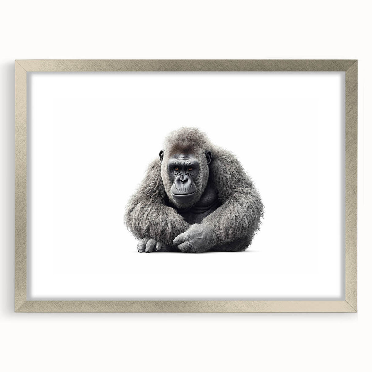 Silver-framed wall art collection featuring a playful monkey and ape gorilla design, showcasing vibrant colors and intricate details, perfect for animal-themed decor.