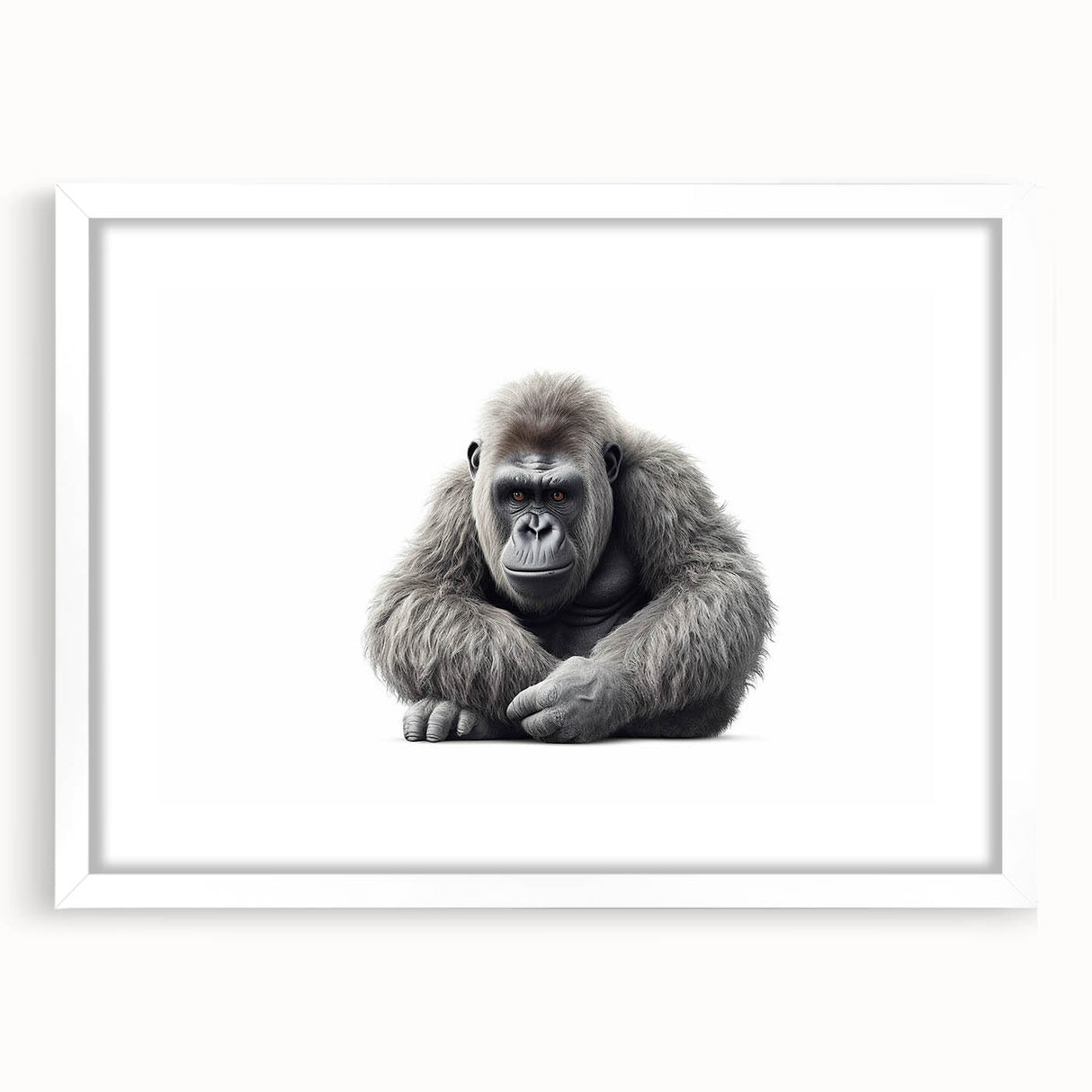 Framed wall art featuring a vibrant gorilla and monkey design in a playful jungle setting, with a white mat and frame, perfect for animal lovers' decor.