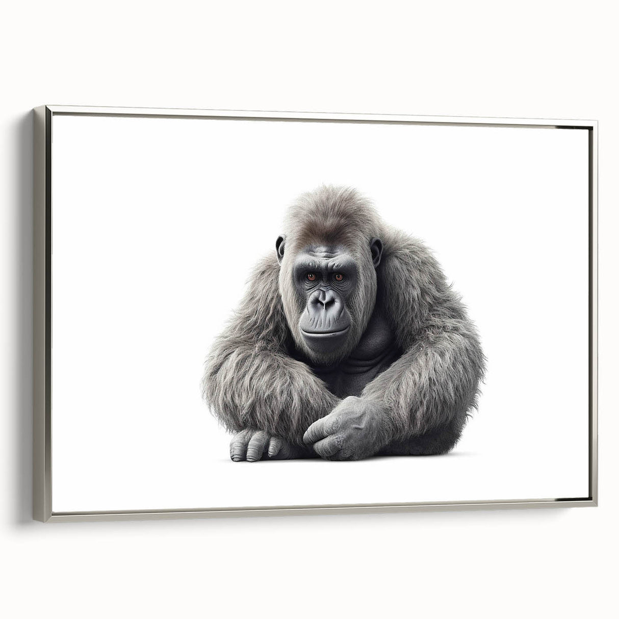 Framed wall art featuring a unique design of a monkey and ape gorilla, showcasing vibrant colors and intricate details, set against a sleek silver frame. Perfect for animal lovers and modern decor enthusiasts.
