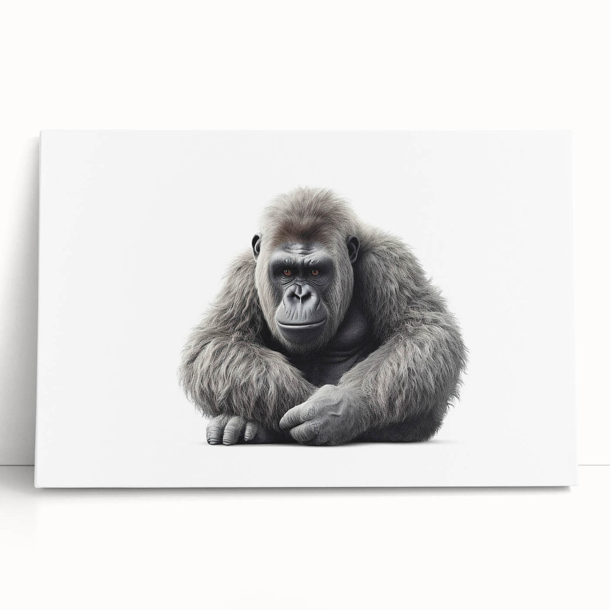 Stretched canvas art featuring a playful monkey and ape gorilla design, leaning against a wall, perfect for adding a vibrant touch to modern decor. Ideal for animal lovers and jungle-themed interiors.