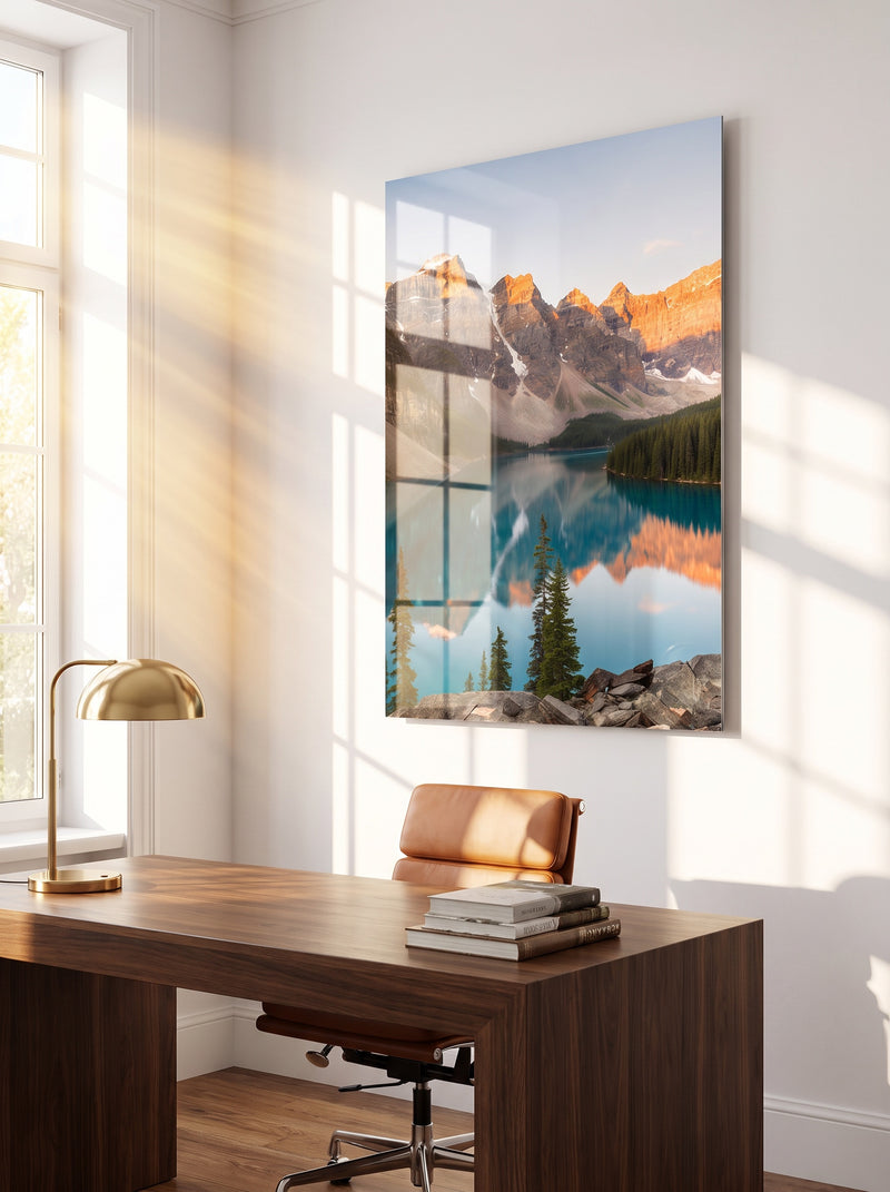 HD metal print of a turquoise mountain lake and peaks above a walnut desk in a sunlit home office