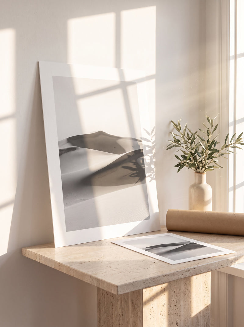 Photo paper print of black and white desert dunes leaning on a travertine console in the sun