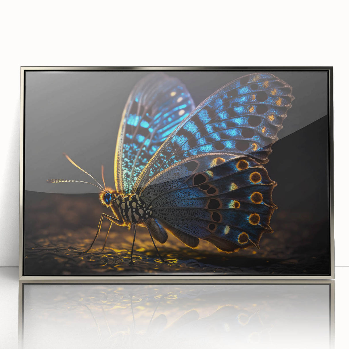 Mid-century modernist art of a bird in flight, acrylic print in silver frame, suitable for nursery wall art.