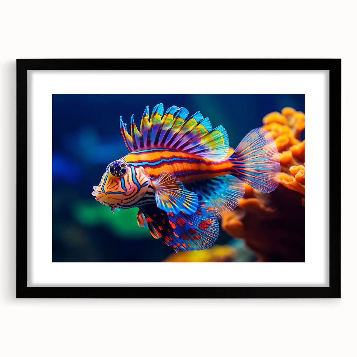 Extra large abstract art print featuring a colorful, textured depiction of birds, in a black frame.