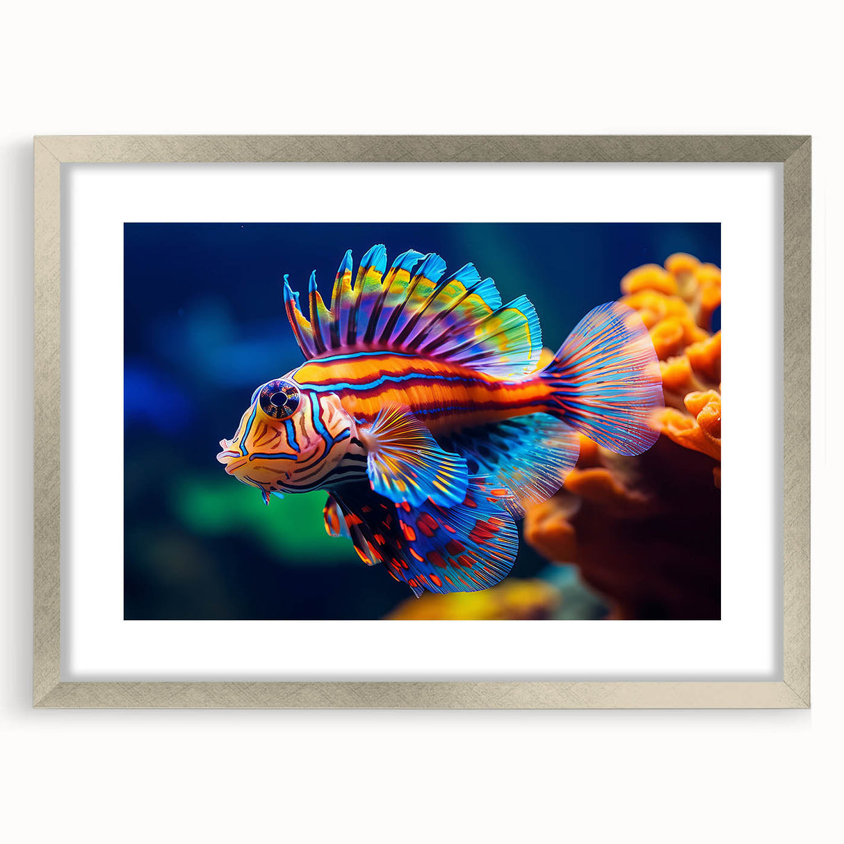 Textured art print of abstract birds in muted gray and blue tones on a framed silver mat, ideal for bedroom wall decor.