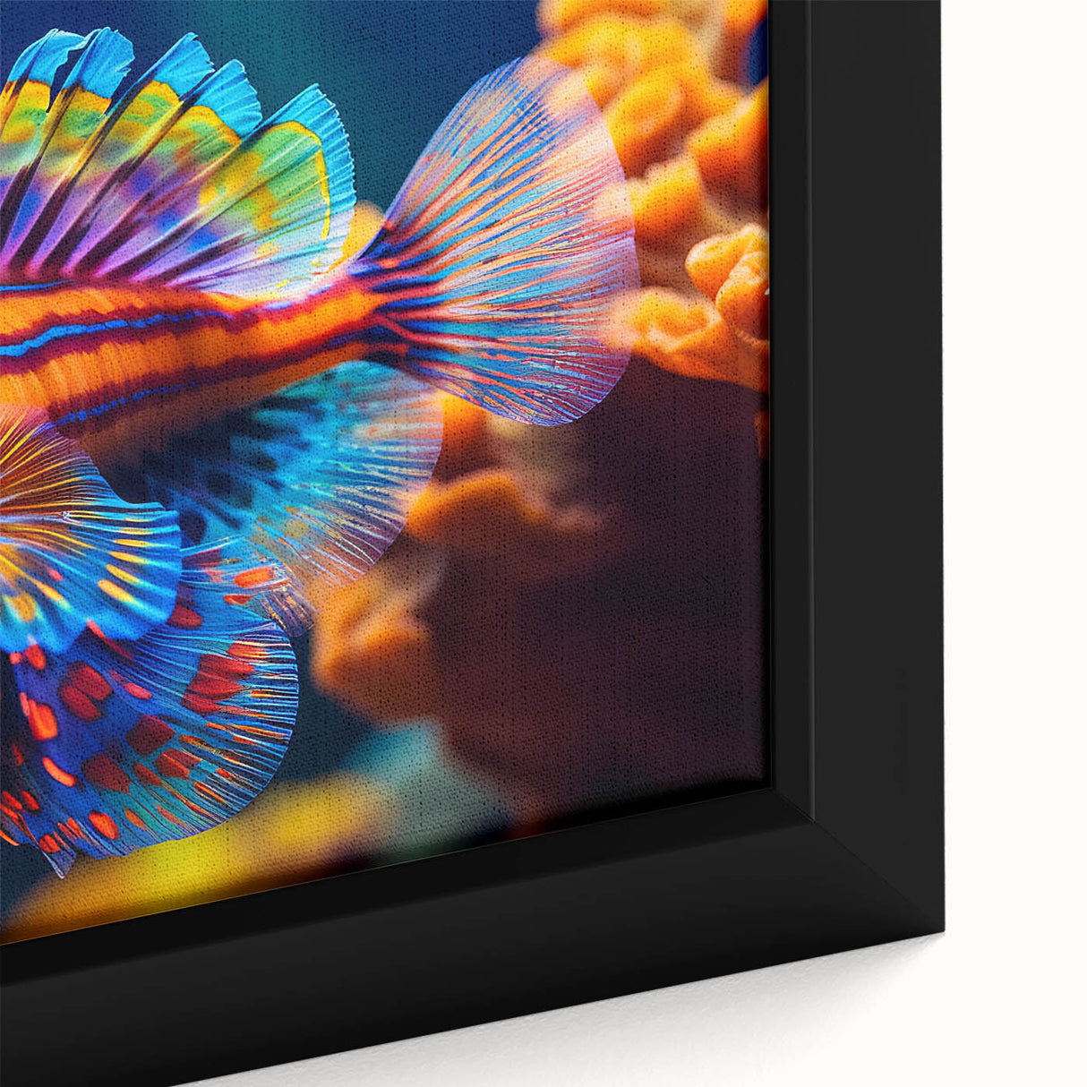 Close-up of a colorful bird on black textured canvas, ideal for extra large living room wall art.
