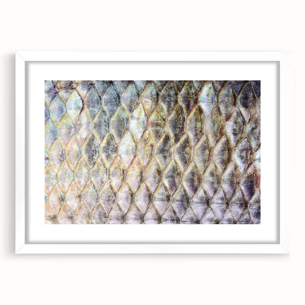 Abstract art print of birds in muted green and blue tones on a white-framed canvas.