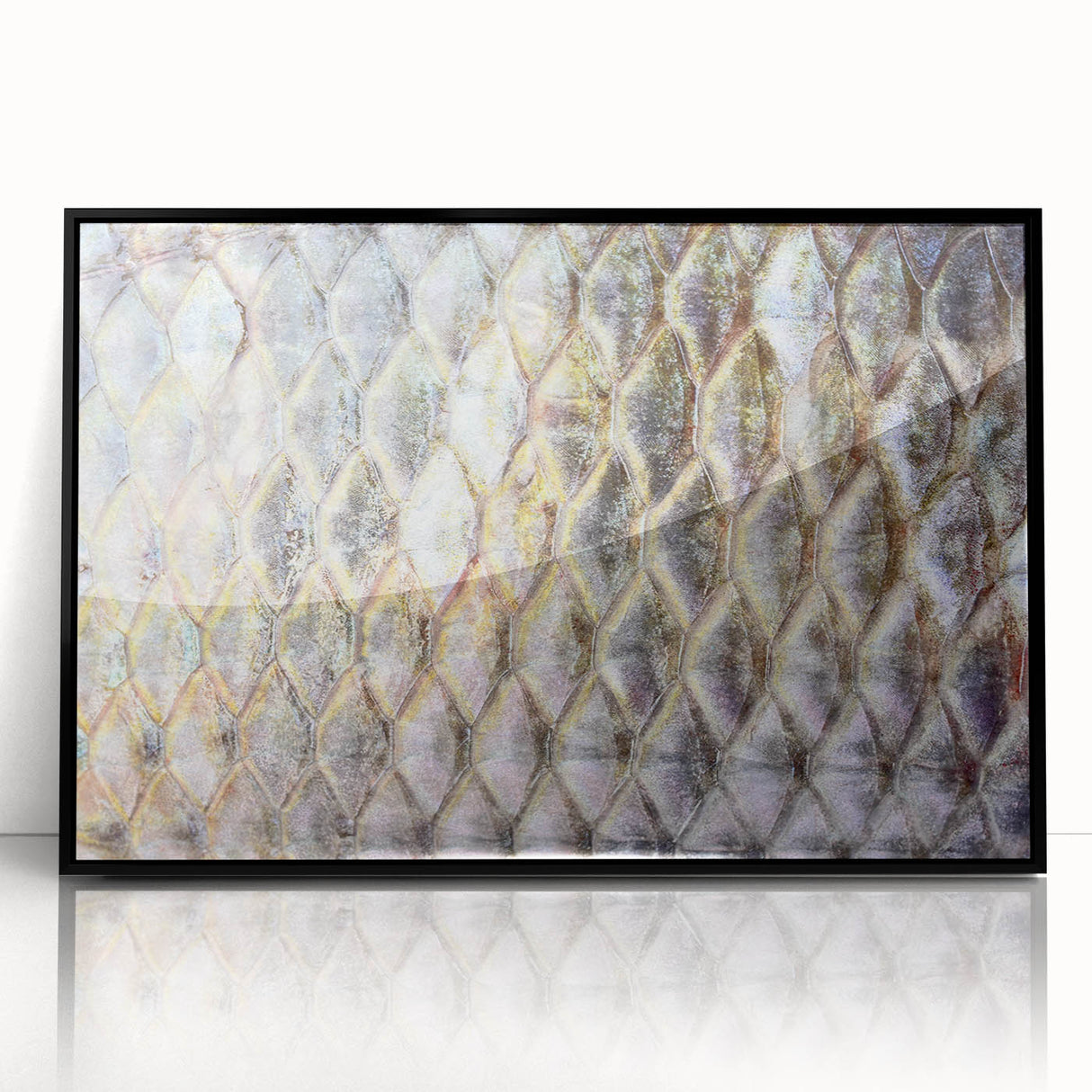 Art deco poster of a bird in flight, rendered in bold black and white colors on a framed acrylic.