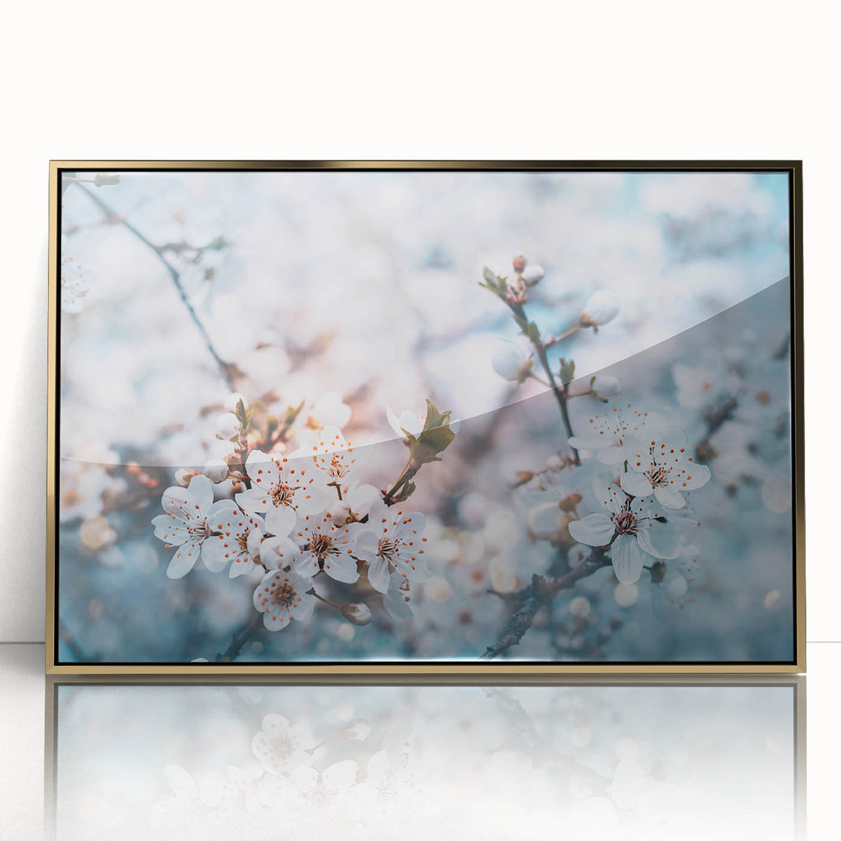 Large art print of a mid-century modernist floral design in vibrant colors on a gold-framed acrylic.