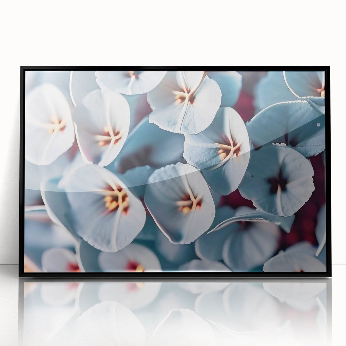 Large abstract wall art featuring vibrant floral patterns in a black acrylic frame, ideal for modern living room decor.