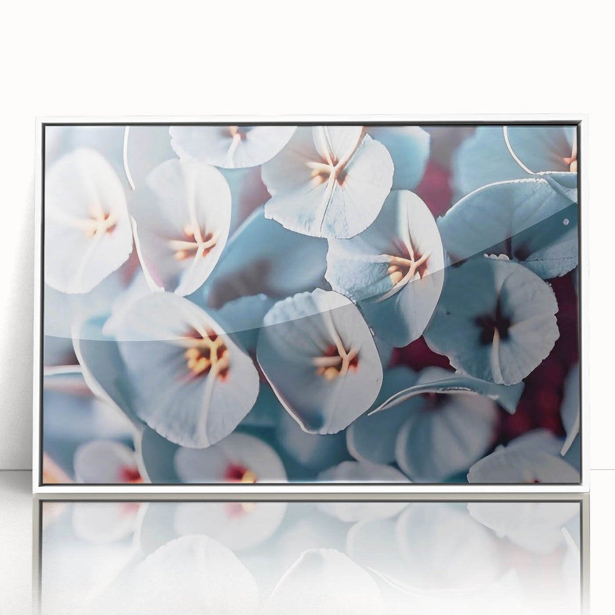 Art deco floral poster in pastel shades on white acrylic frame, ideal for modern nursery wall decor.