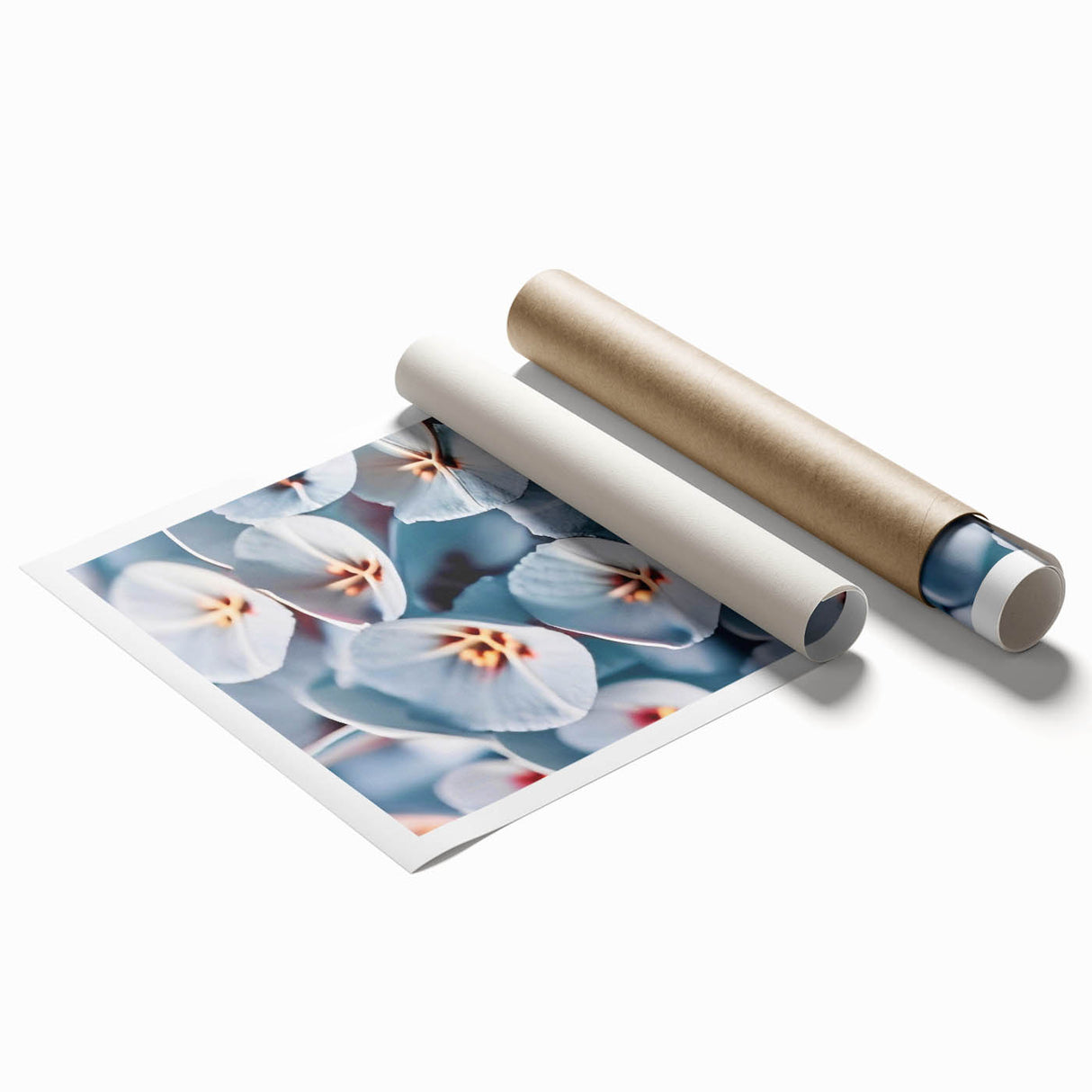 Extra large rolled print of a floral art piece featuring soft pink and white flowers, ideal for classy bathroom wall art.