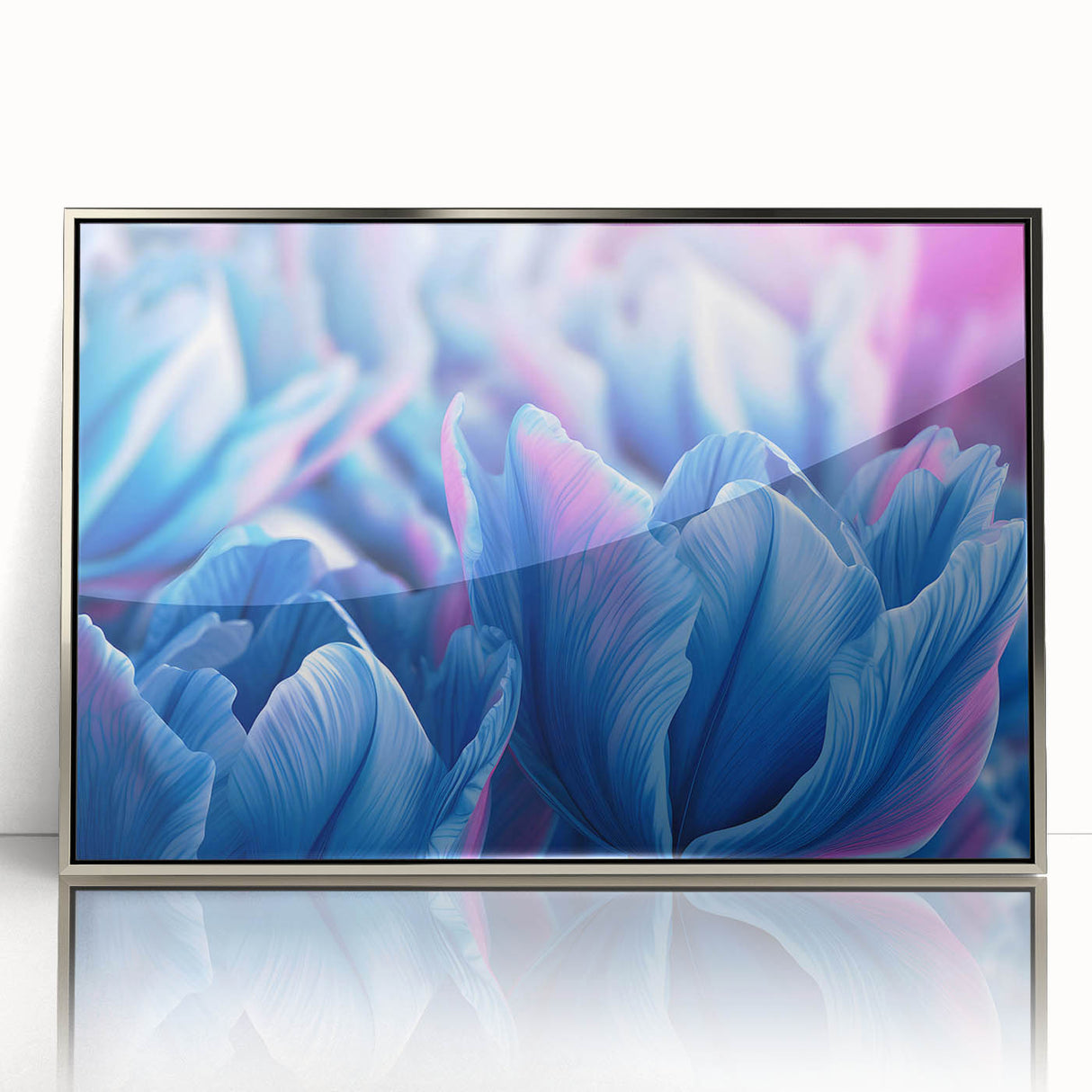 Mid-century modernist floral design in muted pastels on acrylic, framed in silver, ideal for nursery wall art.