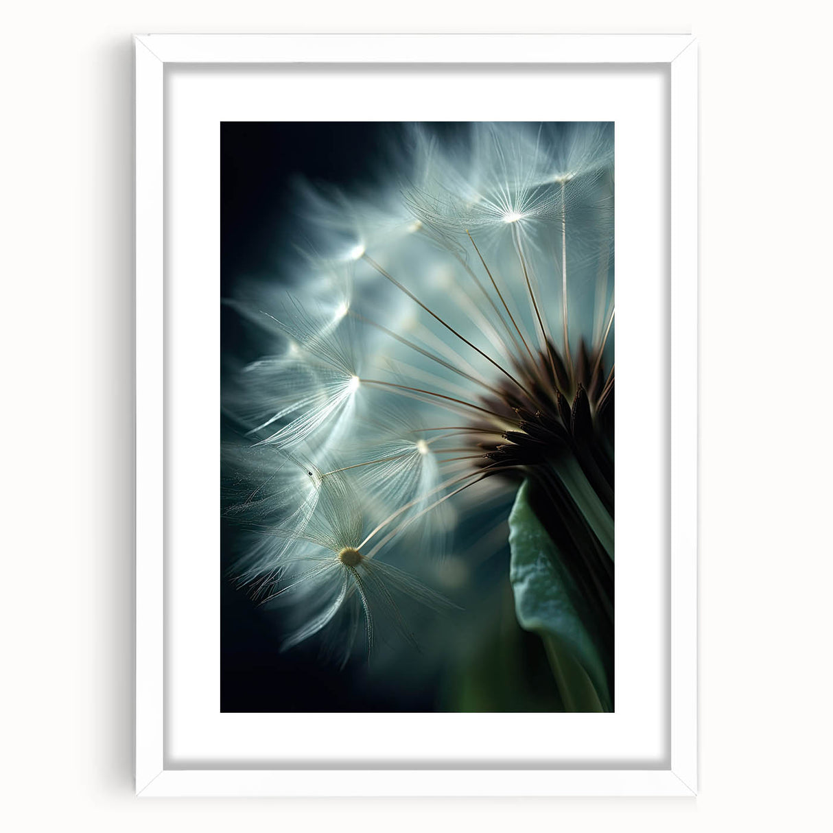 Abstract art print featuring close-up floral designs in soft pastel shades on a white-framed canvas.