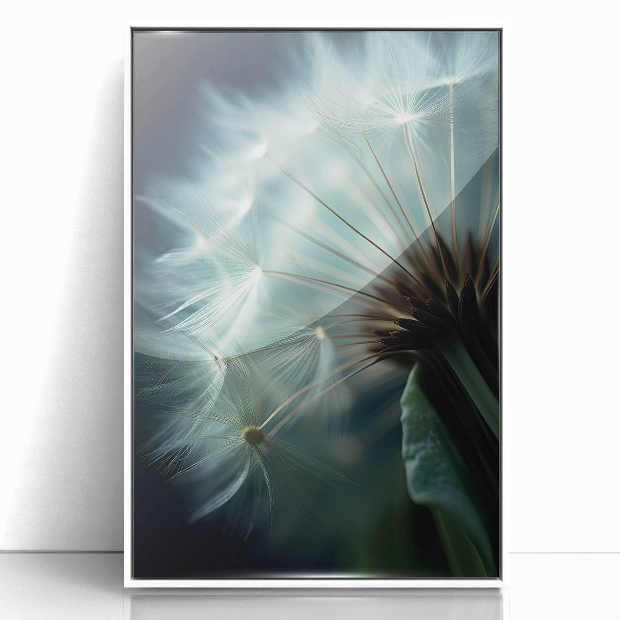 Art deco poster featuring close-up floral designs in pastel shades, framed in white acrylic, ideal for nursery wall art.