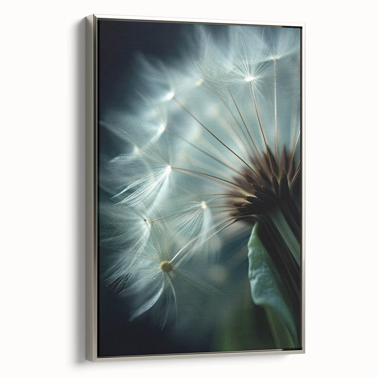 Landscape art painting of colorful florals on black background, framed canvas in vintage poster style.