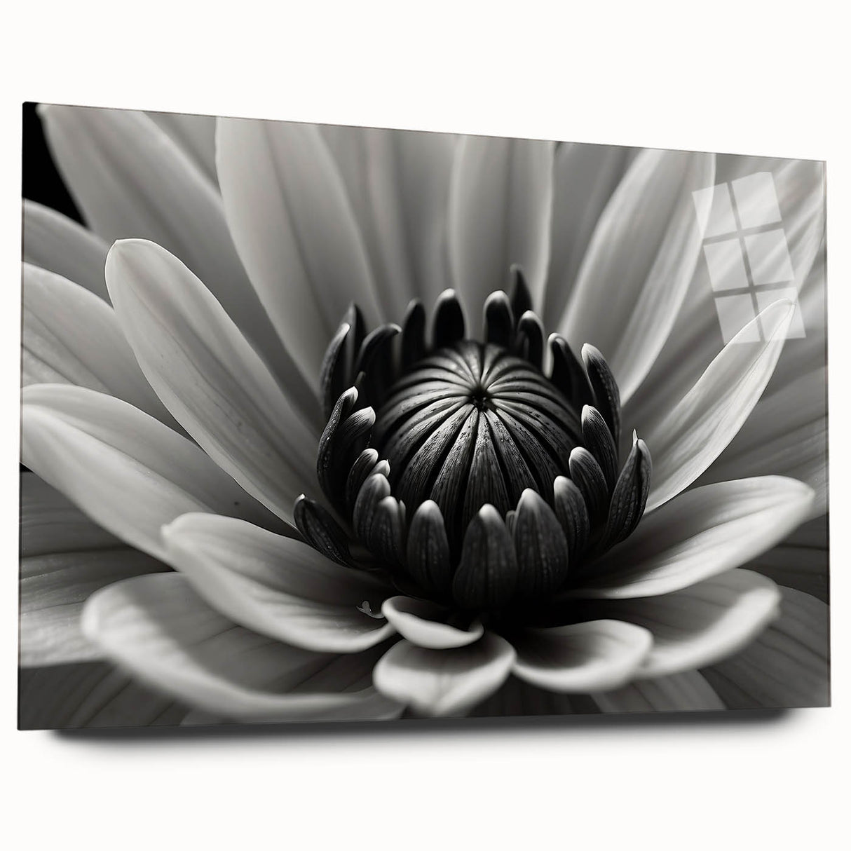 Large abstract floral design in vibrant orange and yellow tones on acrylic glass, ideal for bedroom or dining room art.