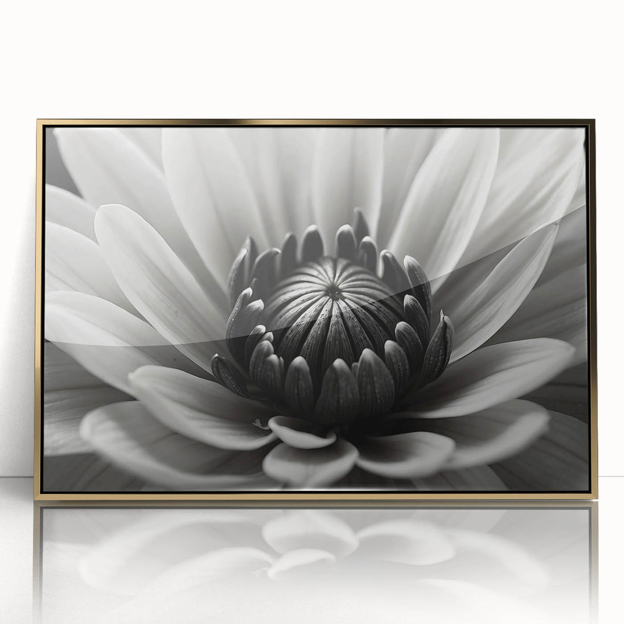 Large art print of a floral close-up in muted green and pink tones, framed in gold acrylic.
