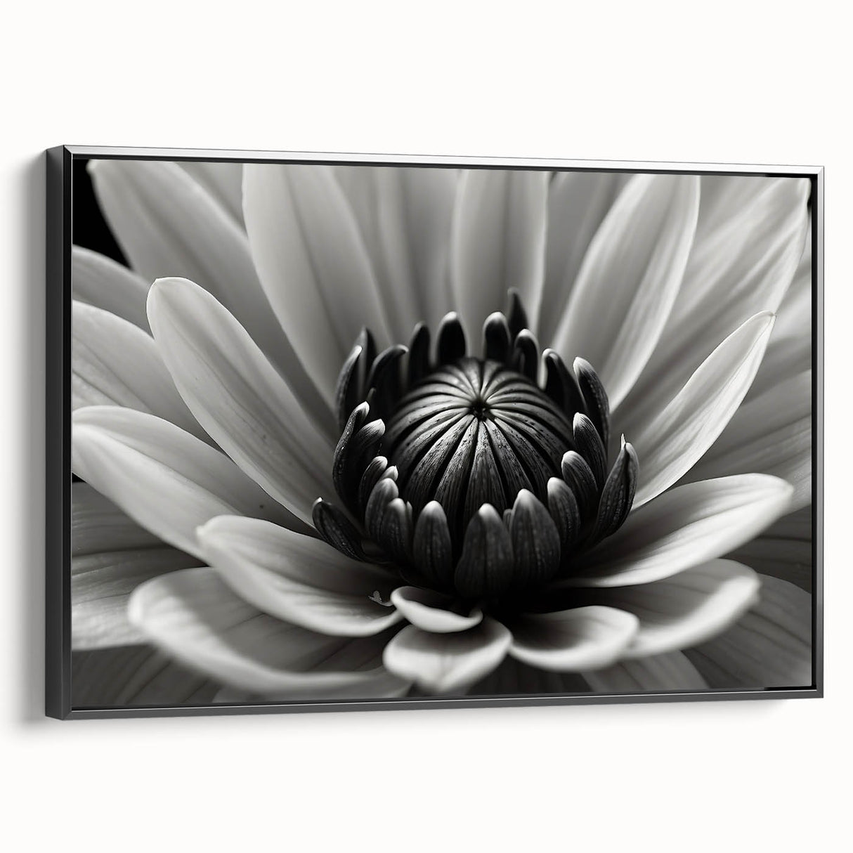 Black and white framed canvas featuring a close-up floral design, ideal for bedroom wall decor.