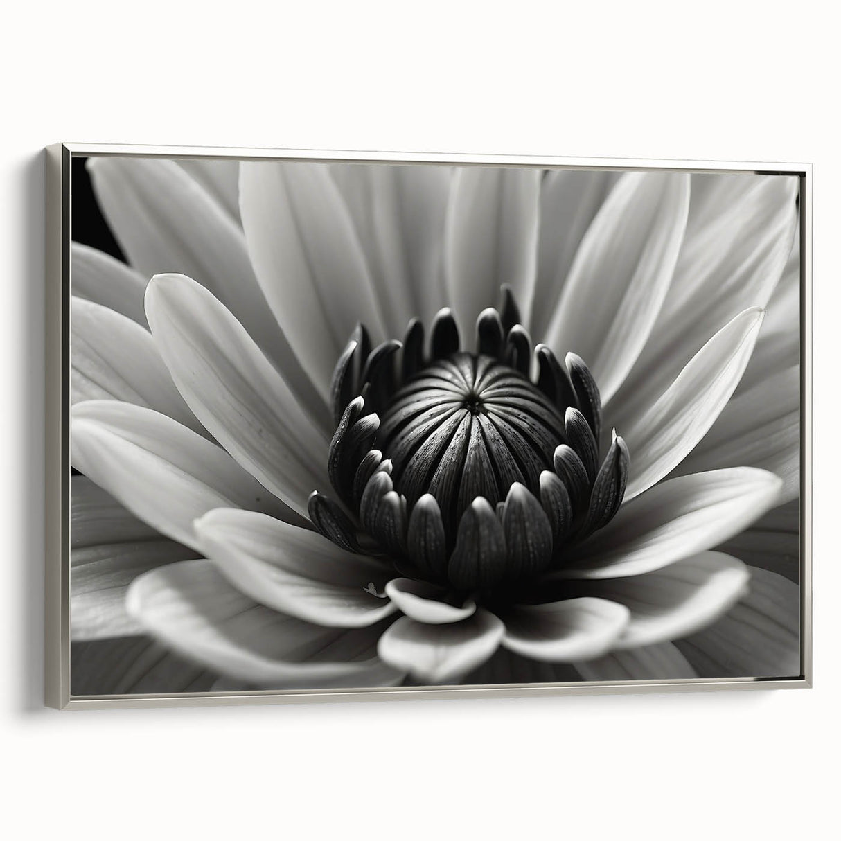 Framed canvas of a vintage landscape painting featuring colorful florals against a black background.
