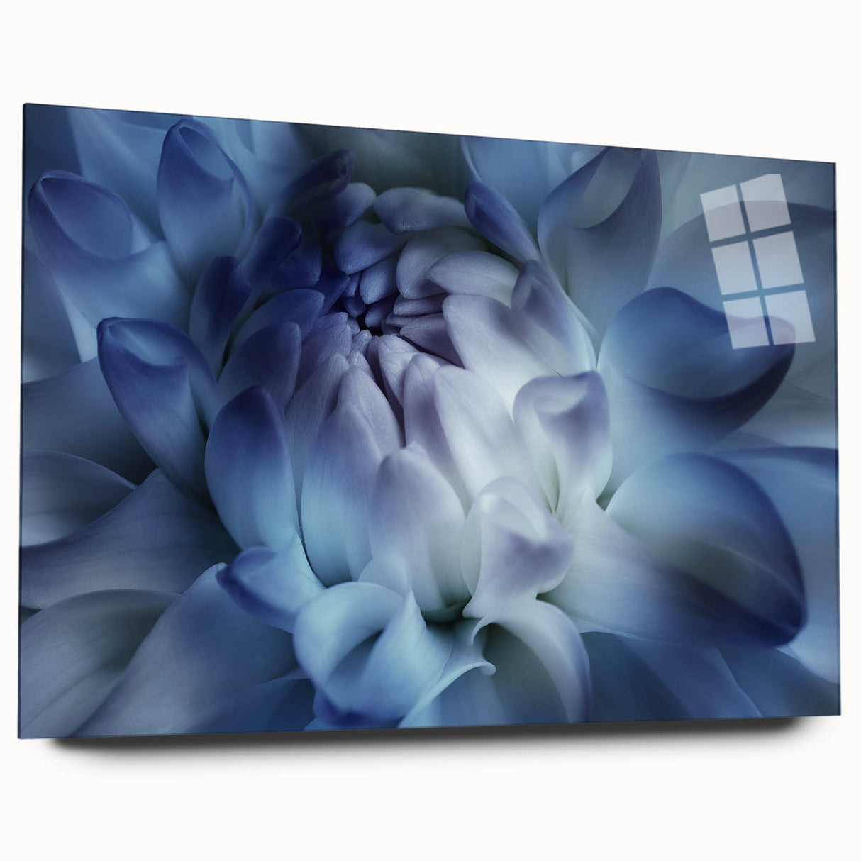 Large abstract floral design in vibrant hues on acrylic glass, suitable for bedroom or dining room decor.