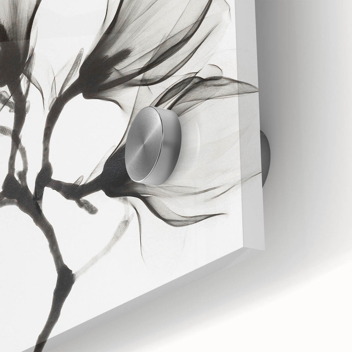 Large abstract floral design in vibrant colors on acrylic glass, ideal for dining room art in a mid-century modernist style.