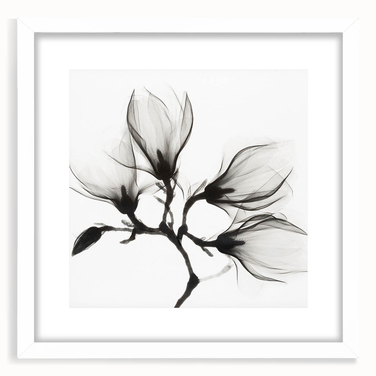 Abstract art print featuring a close-up floral design in vibrant green and white tones, framed with a white mat.