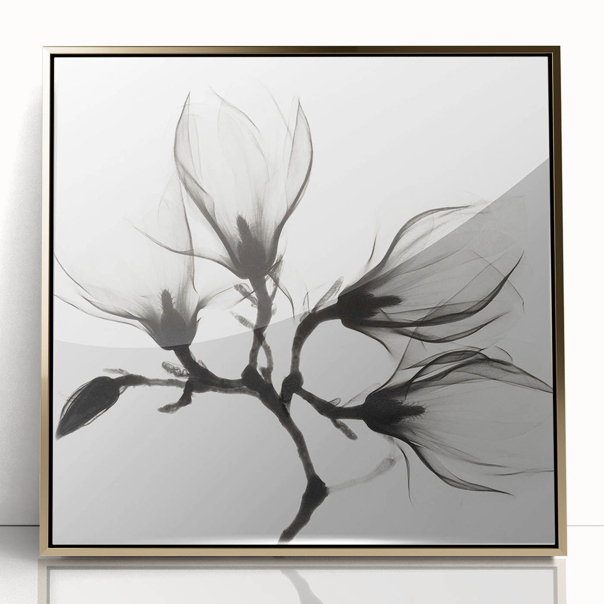 Large art print of a mid-century modernist floral design in vibrant colors on framed acrylic, ideal for nursery wall decor.