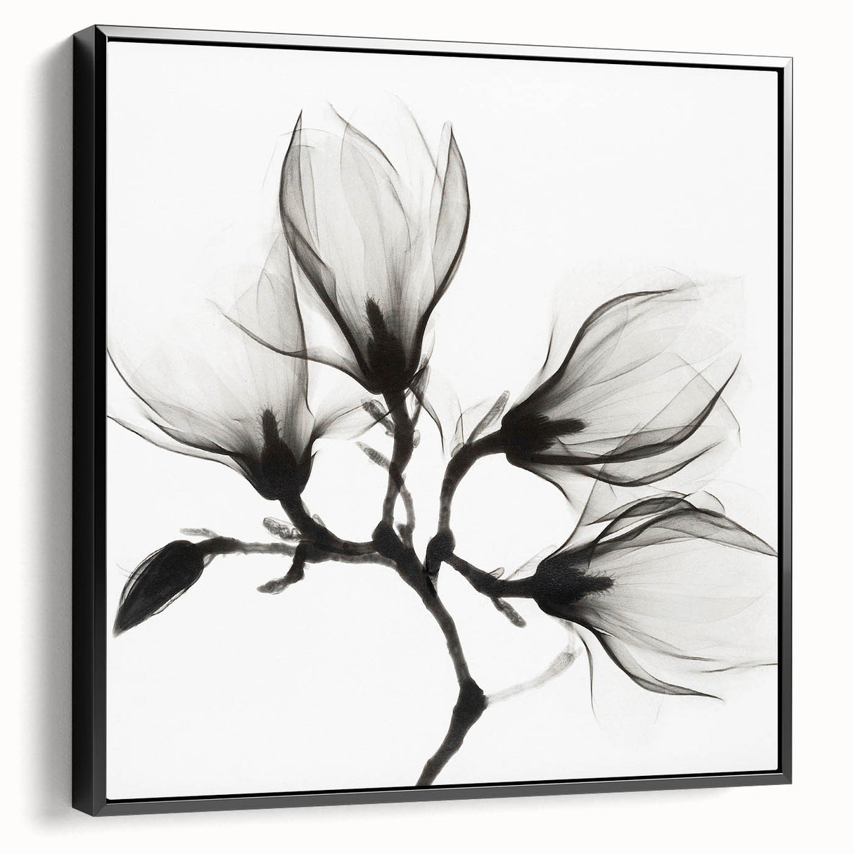 Black and white framed canvas of a vintage floral landscape, ideal for bedroom wall decor.