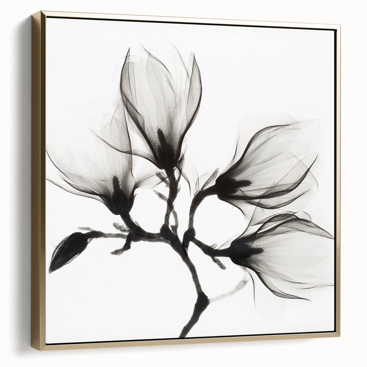 Framed canvas featuring a close-up floral design in silver and gold tones, ideal for bedroom wall art.