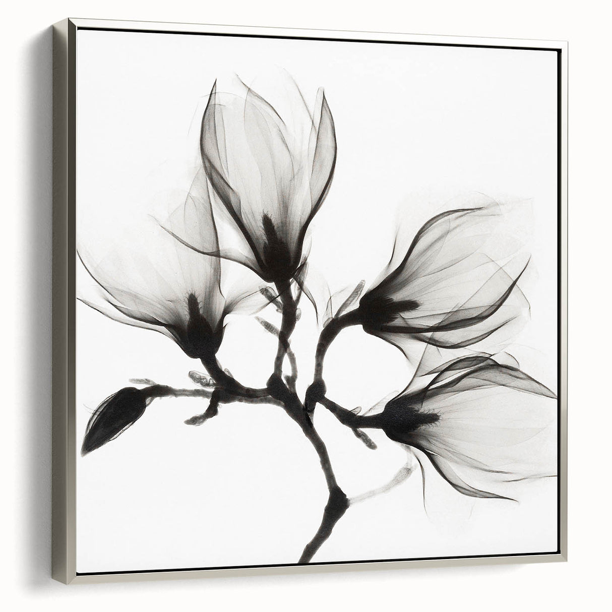 Framed canvas featuring a vintage landscape painting with vibrant floral designs on a black background.