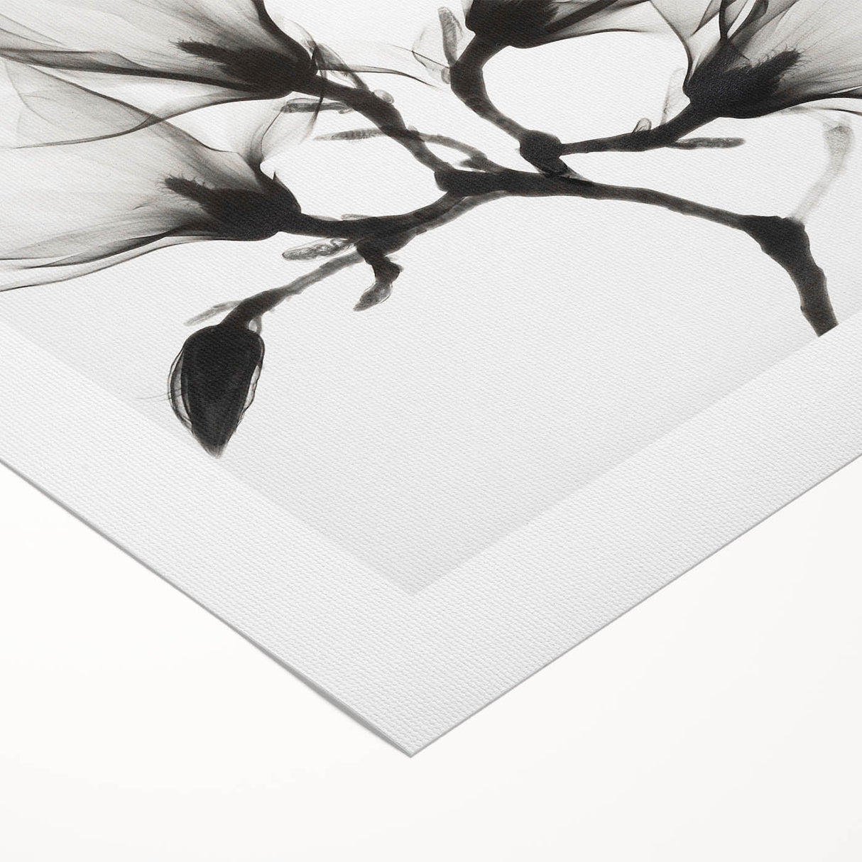 Art deco poster featuring a close-up of a floral design in pastel shades on rolled canvas.