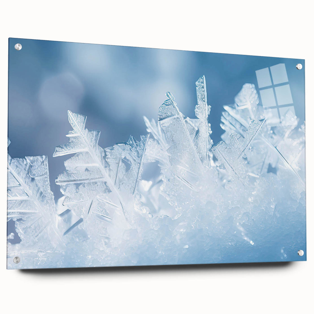 Close-up of frost patterns on acrylic glass, in muted blue and white tones, suitable for bedroom or dining room decor.