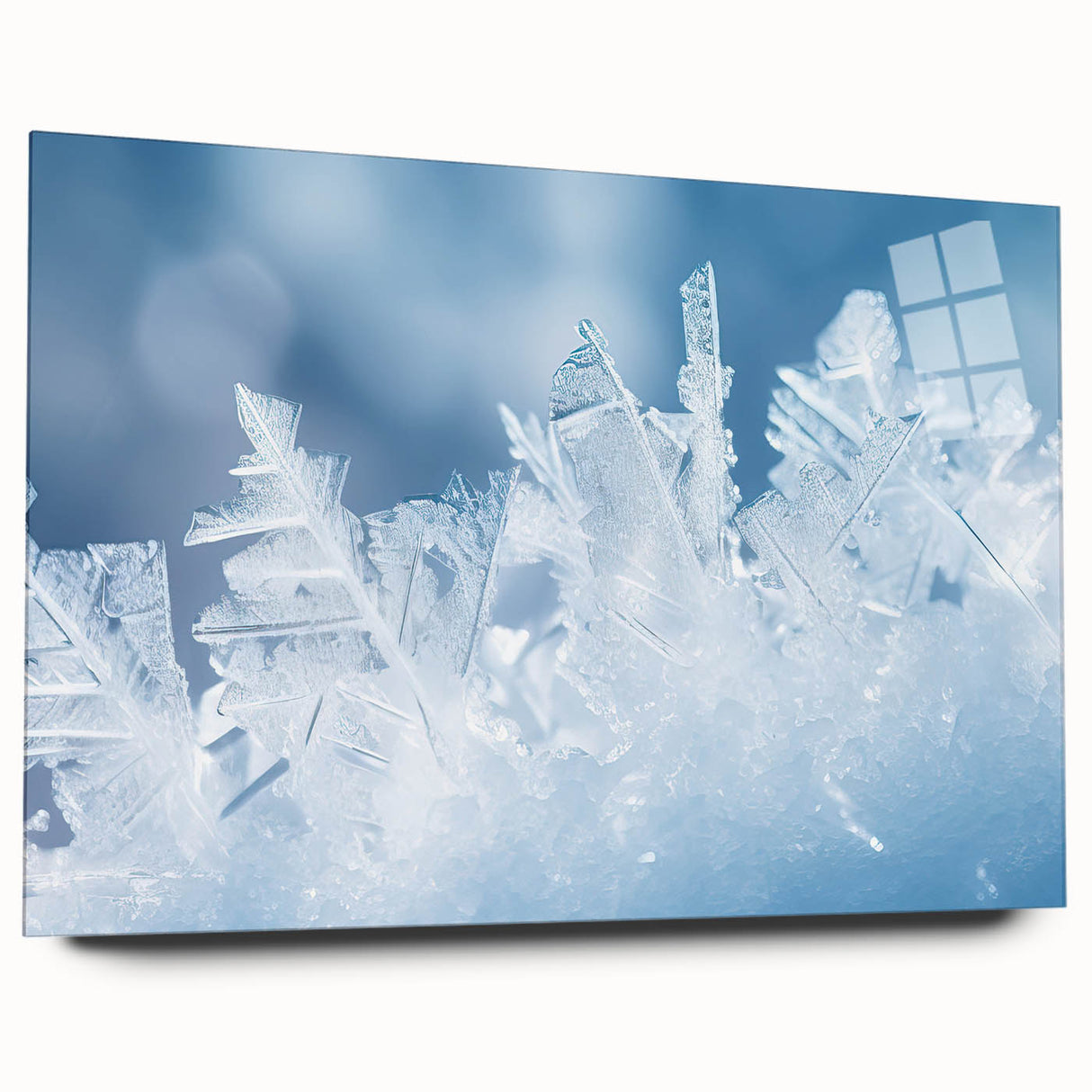 Large abstract wall art of frost patterns in blue and white, acrylic print, ideal for bedroom or dining room decor.