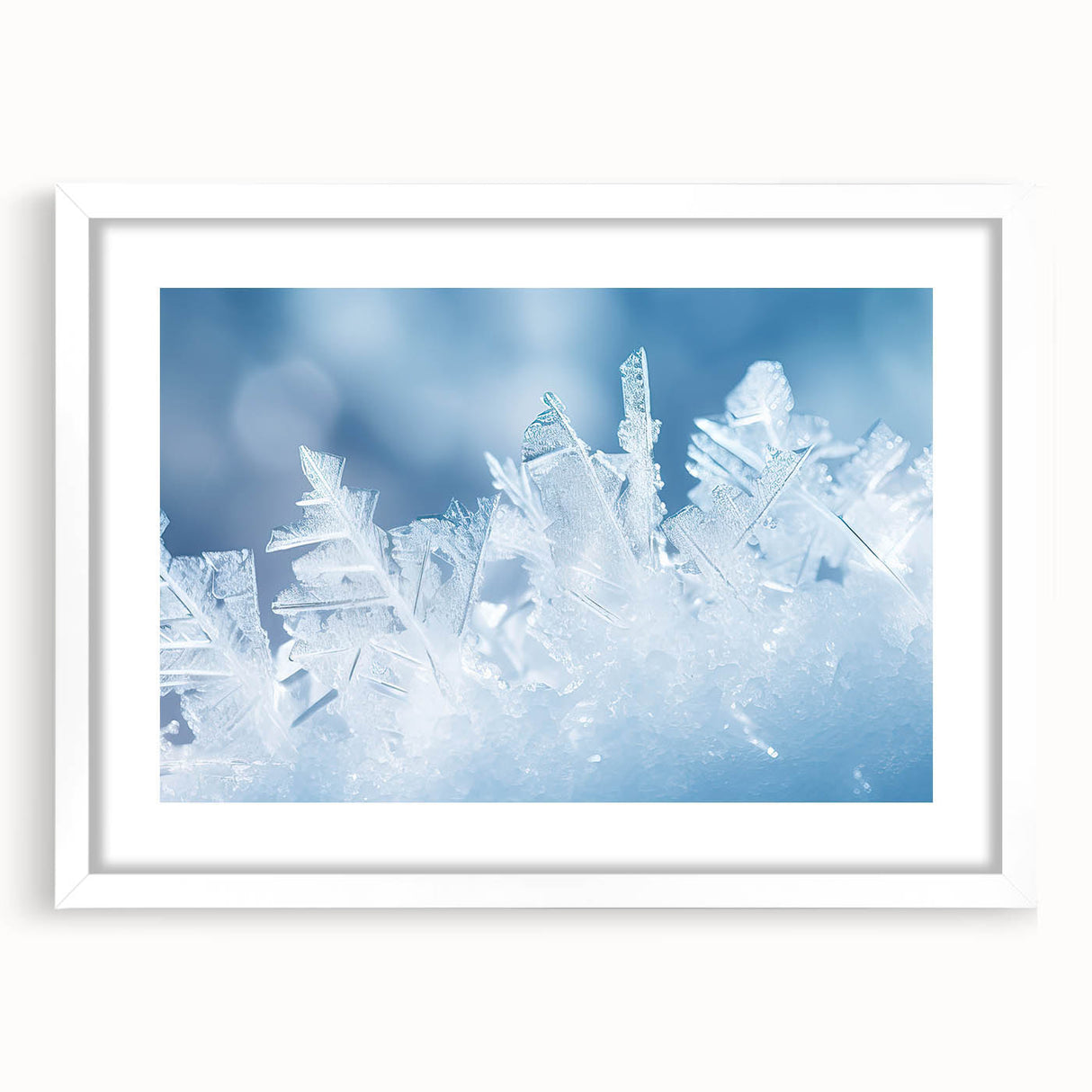 Extra large abstract art print featuring a close-up frost design in white and gray tones on a framed canvas.