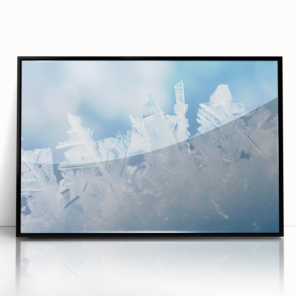 Large abstract wall art featuring a frost design in muted gray tones on a framed acrylic, ideal for modern living room decor.