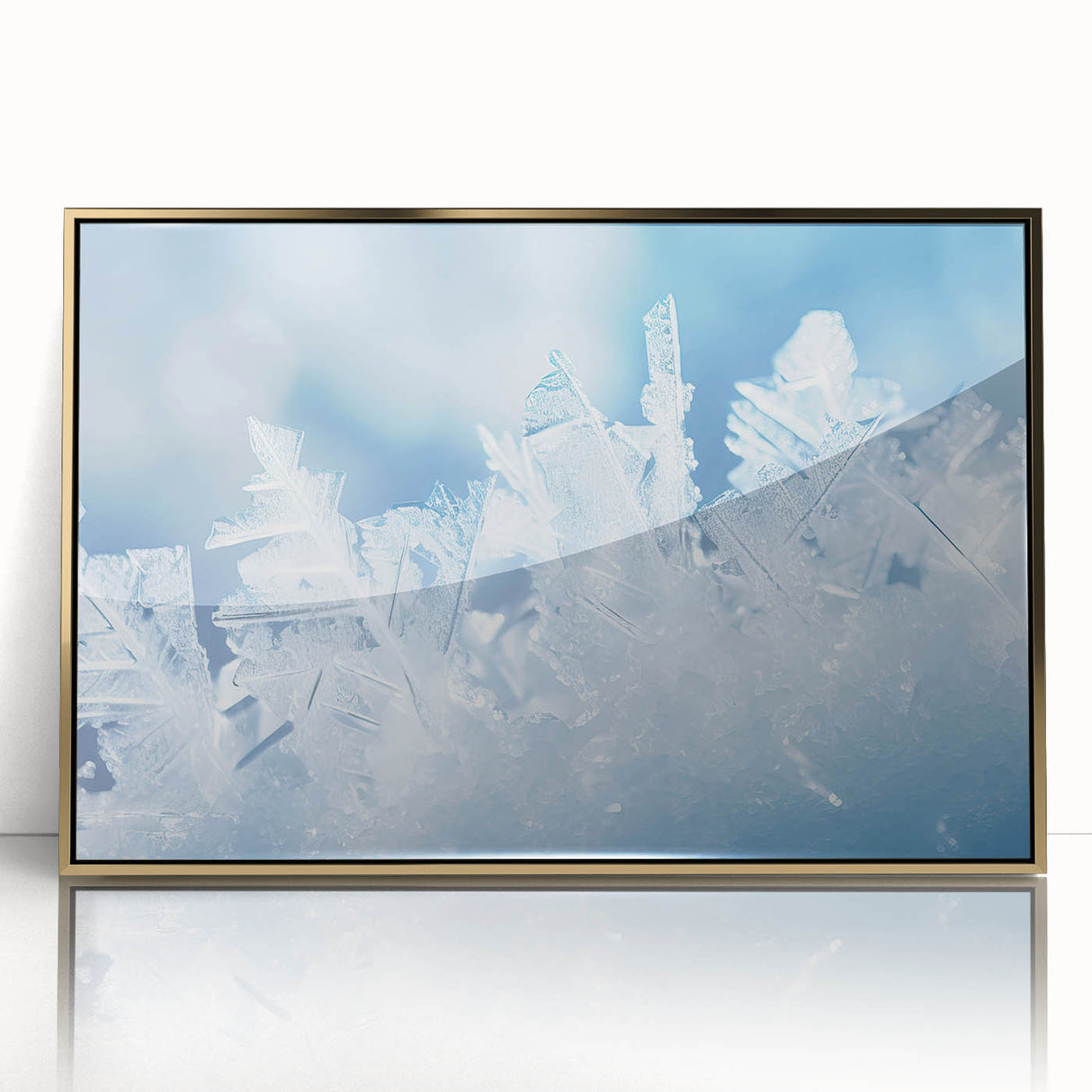 Framed acrylic print featuring a close-up of frost patterns in gold tones, ideal for modern nursery wall art.